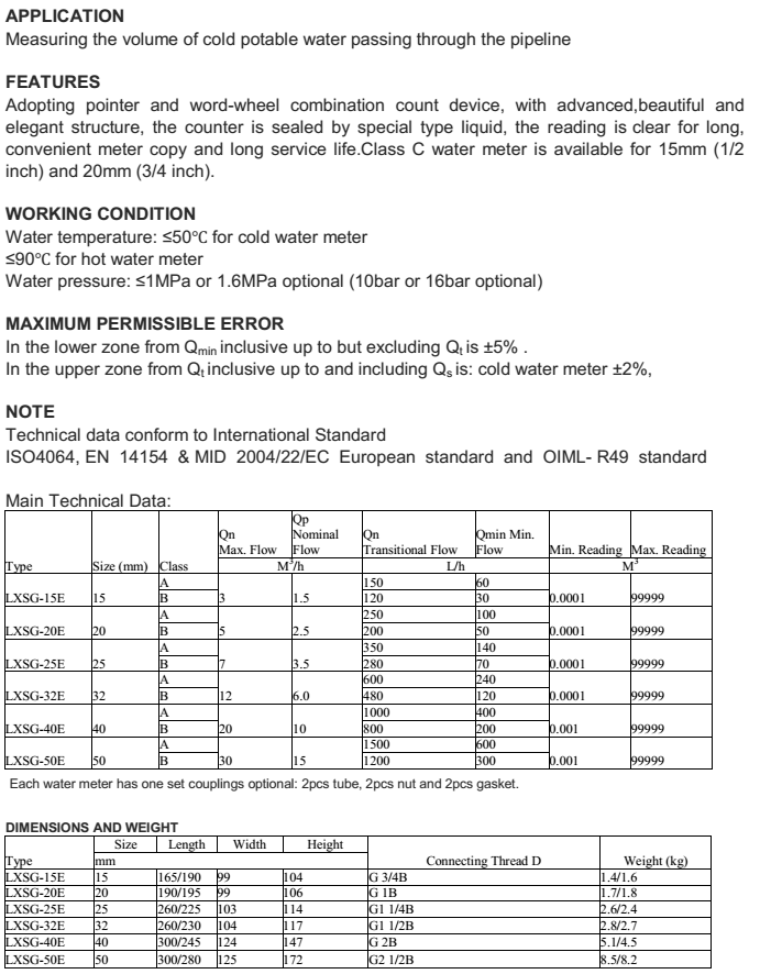 Thông số kỹ thuật của đồng hồ đo lưu lượng nước thải ems lắp ren LXSG-15E~50E