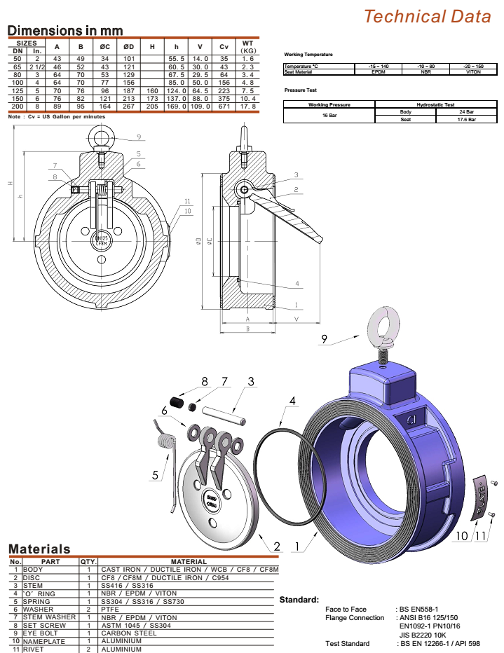 Thông số kỹ thuật van 1 chiều tay gạt gang thép đĩa đơn Arita ARV-WPU440121