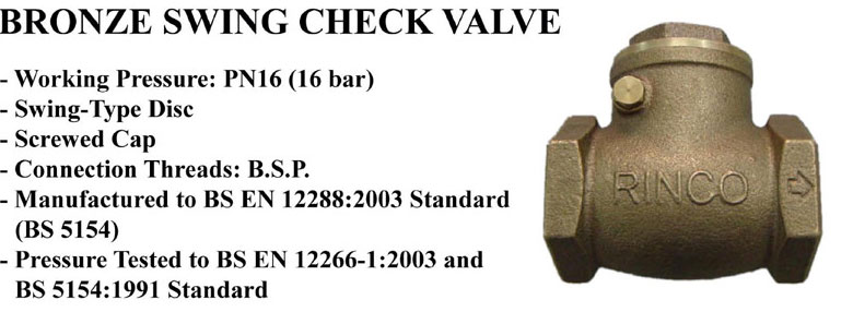 Thông số kĩ thuật van một chiều Rinco đồng