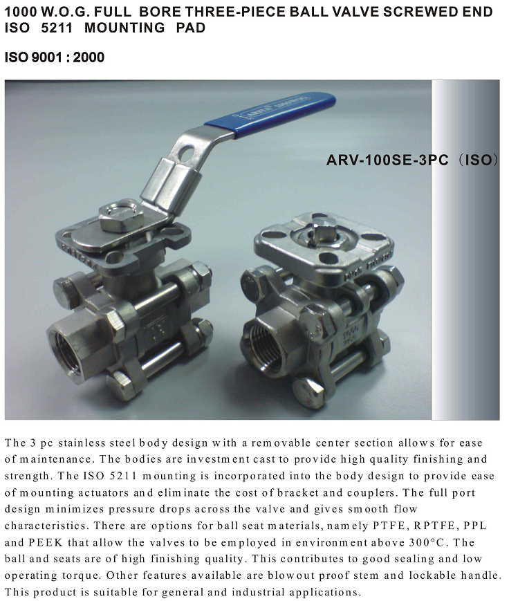 Đặc điểm của van bi inox Arita SS 3PC SE ISO 5211